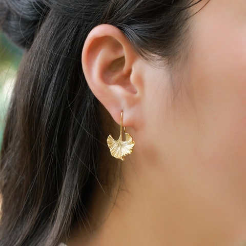 Boucles d'Oreilles Crochet en Argent Sterling 925 Feuille de Ginkgo Texture Brossée à la Main Or Plaqué Boucles d'Oreilles pour Femme Bijoux