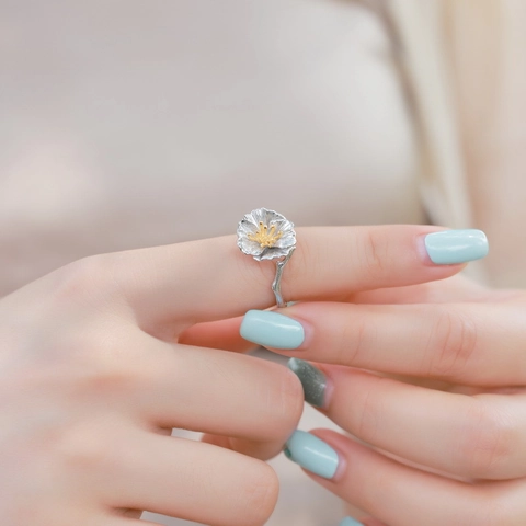 925 Sterling Silver 10K Gold Hibiscus Flower Open Ring For Women Handmade Brushed Floral Branch Adjustable Finger Ring Jewelry