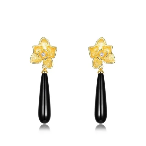 Nuovi Orecchini Pendenti a Fiore in Argento Sterling 925 Onice Nera Naturale a Goccia Metallo Spazzolato Oro Donna Gioielli