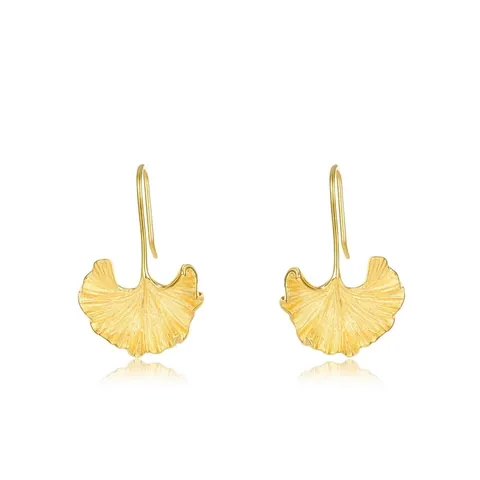 Boucles d'Oreilles Crochet en Argent Sterling 925 Feuille de Ginkgo Texture Brossée à la Main Or Plaqué Boucles d'Oreilles pour Femme Bijoux