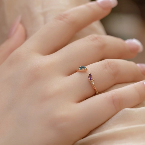 London Blue Topaz Amethyst S925 Silver Open Ring For Women Vintage Gold Plated Rhinestone Adjustable Band Jewelry