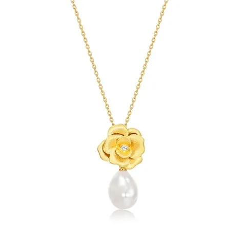 925 Sterling Silver Brushed Camellia Natural Baroque Pearl Pendant Necklace For Women Vintage Elegant Zirconia Flower Necklace Clavicle Chain Jewelry