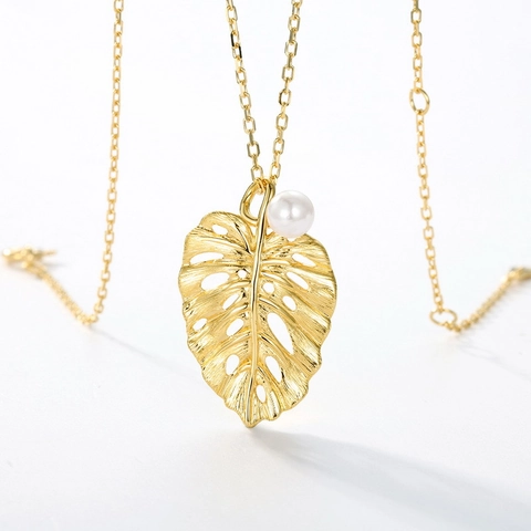 S925 Sterlingsilber Monstera Blatt Anhänger Halskette Ohrstecker Künstliche Perle Gold Galvanisiert Gebürstet Vintage Schmuck Damen