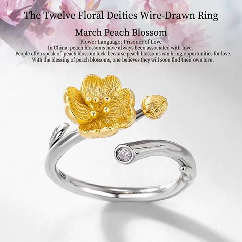 Retro 925 Sterling Zilver Perzikbloesem Open Ring Handgeborsteld Goud Zilver Zirconia Bloemen Vingerring Twaalf Bloemen Godinnen Sieraden