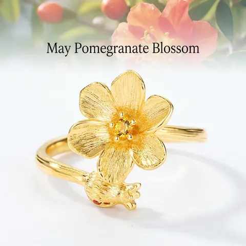 S925 Sterling Silver Pomegranate Flower Brushed Adjustable Open Ring 10K Gold Plated Zirconia Floral Finger Jewelry For Women