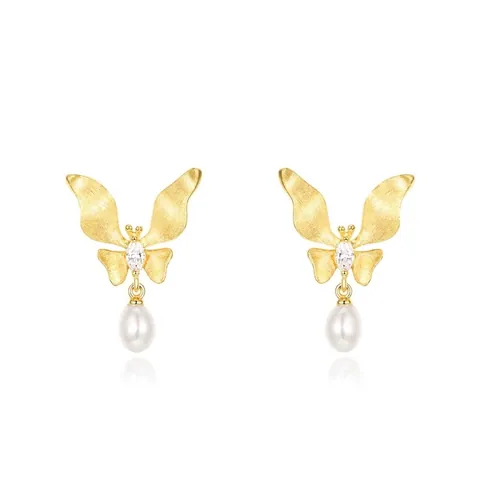 925 Sterling Silver Butterfly Drop Earrings Elegant Brushed Gold Butterfly Earrings With Freshwater Pearl Zirconia Jewelry