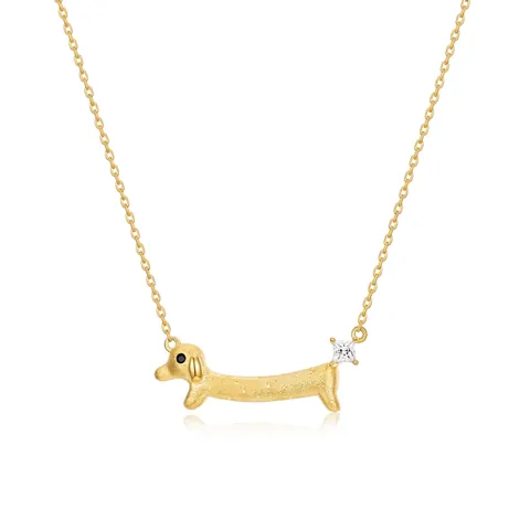 Collana in Argento Sterling 925 Bassotto Cane Placcato Oro Spazzolato a Mano Animale Cucciolo Ciondolo Collana Con Zirconia Gioielli Donna