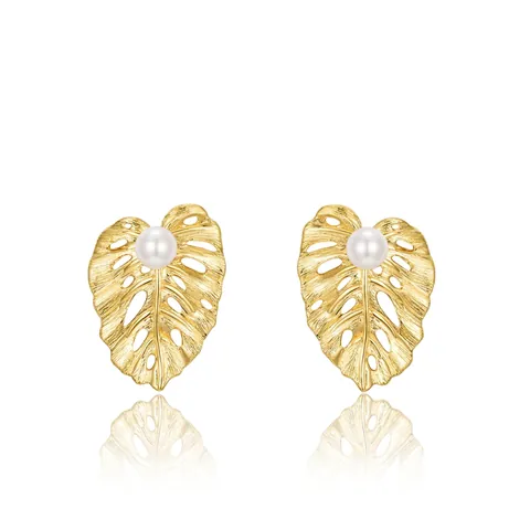 S925 Sterling Silver Monstera Leaf Stud Earrings Necklace Gold Plated Brushed Texture Artificial Pearl Botanical Jewelry For Women