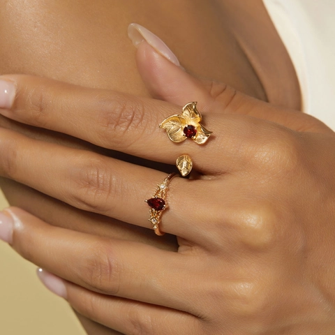 S925 Sterling Silver Brushed Leaf Flower Open Ring For Women Luxurious Gold Plated Natural Red Garnet Adjustable Finger Ring