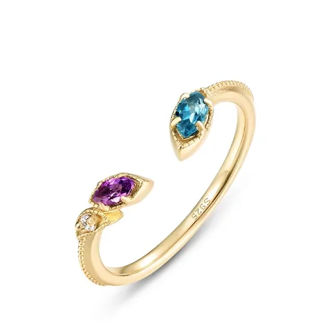 London Blue Topaz Amethyst S925 Silver Open Ring For Women Vintage Gold Plated Rhinestone Adjustable Band Jewelry