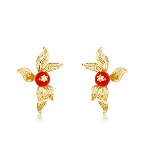 Vintage 925 Sterlingsilber Roter Achat Ohrstecker Für Damen Gold Plattiert Gebürstetes Blatt Design Floral Elegante Schmuck