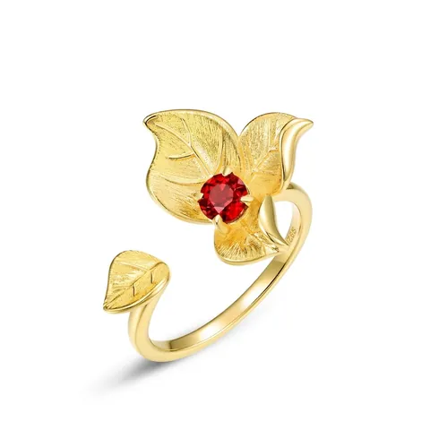 S925 Sterling Silver Brushed Leaf Flower Open Ring For Women Luxurious Gold Plated Natural Red Garnet Adjustable Finger Ring