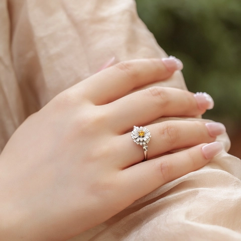 S925 Sterling Silver Daisy Flower Open Ring For Women Brushed Gold Plated Zirconia Sunflower Adjustable Finger Ring Jewelry