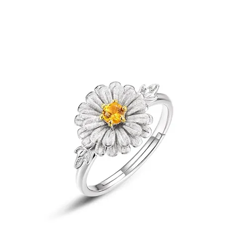 S925 Sterling Silver Daisy Flower Open Ring For Women Brushed Gold Plated Zirconia Sunflower Adjustable Finger Ring Jewelry