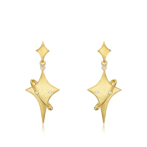 925 Sterling Silver Brushed Four-Pointed Star Drop Earrings With Zirconia Gold Plated Planet Dangle Jewelry For Women