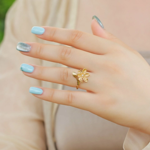 925 Sterling Silver Gold Plated Lotus Flower Adjustable Ring With Zirconia Brushed Finish Nature Branch Design Jewelry