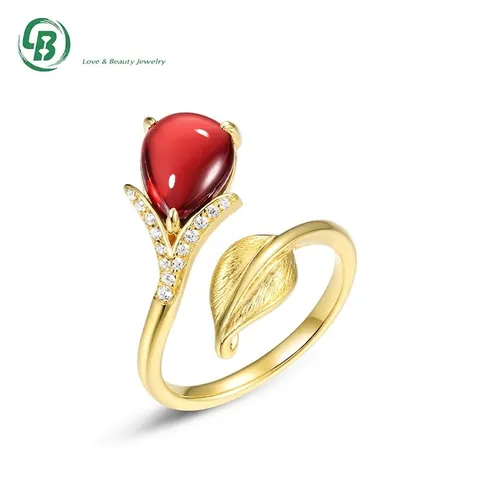 Anillo Abierto de Hoja de Granate Natural Plata de Ley S925 Cepillado Anillo Vintage Ajustable de Oro para Mujer Joyería