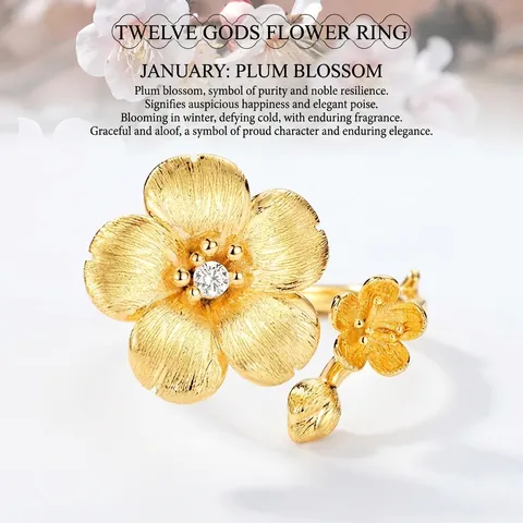 Bague Ouverte en Argent Sterling 925 Brossé Fleur de Prunier Femmes Plaqué Or 10K Zirconia Florale Réglable Bijoux