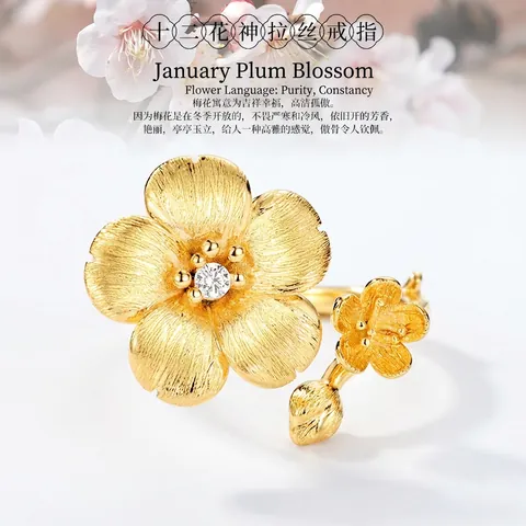 Brushed 925 Sterling Silver Plum Blossom Open Ring For Women 10K Gold Plated Zirconia Floral Adjustable Finger Ring Jewelry