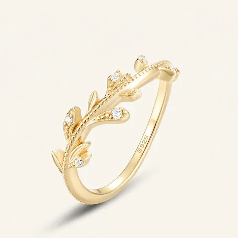 S925 Sterling Zilver Wijnstok Blad Verstelbare Open Ring Champagne Verguld Zirconia Ingelegd Elegante Bruiloft Sieraden Cadeau Vrouwen