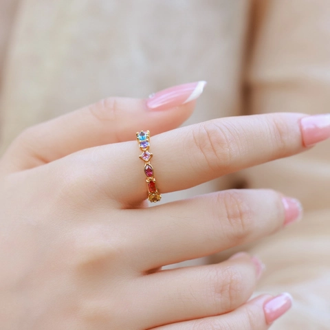 925 Sterling Silver Gold Plated Multicolor Zirconia Adjustable Open Ring Minimalist Geometric Fashion Jewelry Set For Women