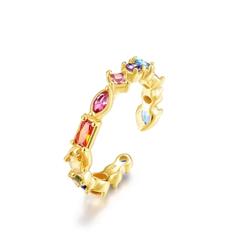 925 Sterling Silver Gold Plated Multicolor Zirconia Adjustable Open Ring Minimalist Geometric Fashion Jewelry Set For Women