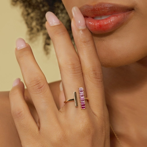 Luxury 925 Sterling Silver Baguette Cut Gradient Pink Corundum Jewelry Elegant Geometric Open Ring For Women Fashion Jewelry Gift