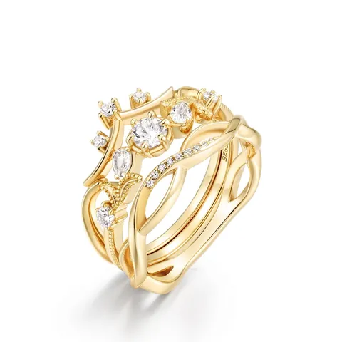 S925 Sterling Zilver Goud Verguld Stapelbare Ring Set Met Natuurlijk Wit Kristal Golvende Lijnen Esthetische Sieraden Cadeau Voor Dames