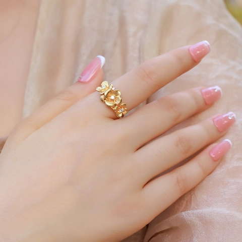 Exquisite 925 Sterling Silver Jasmine Flower Ring Luxury Hand Brushed Gold Plated Adjustable Zirconia Ring For Women Elegant Jewelry Gift