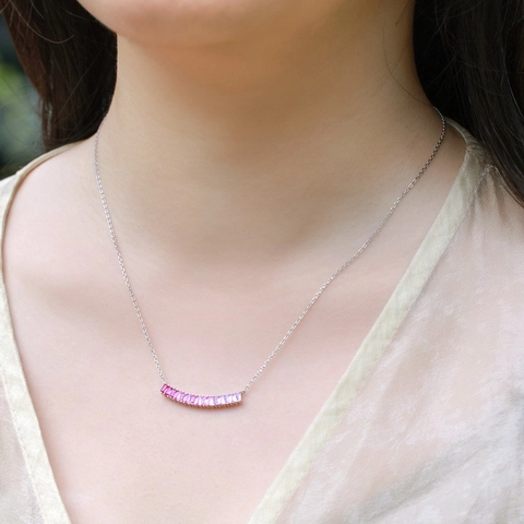 Collar de Plata de Ley S925 para Mujer Collar con Colgante de Barra de Corindón Rosa Cadena de Clavícula con Gemas en Degradado Joyería