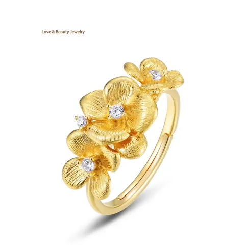 Exquisite 925 Sterling Silver Jasmine Flower Ring Luxury Hand Brushed Gold Plated Adjustable Zirconia Ring For Women Elegant Jewelry Gift