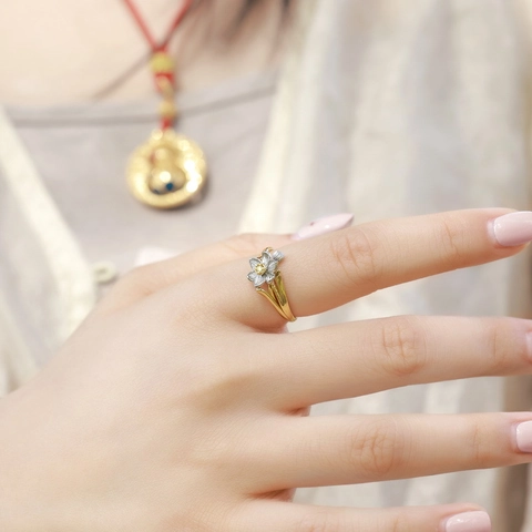 Bague Fleur de Narcisse en Argent Sterling S925 Texture Brossée Bicolore Or Argent Plqué Zirconia Jaune Bijoux Cadeau pour Femme