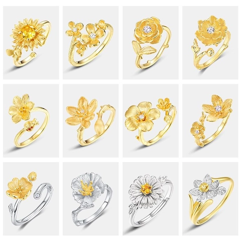 Original Design 925 Sterling Silver Adjustable Open Ring Hand Brushed Flower Zirconia Inlaid Botanical Jewelry For Women