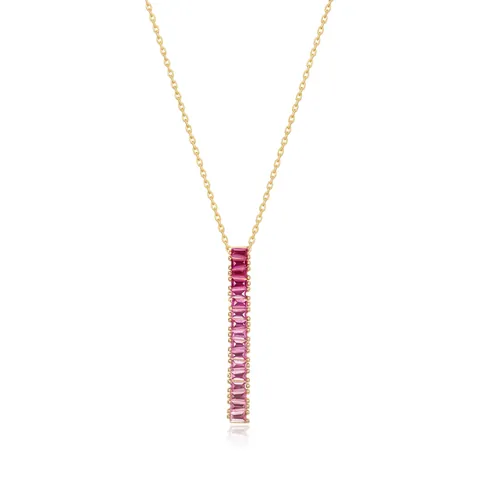 S925 Sterling Silver Bar Pendant Necklace With Pink Corundum Gradient Gemstone Elegant Gold Plated Jewelry Set For Women