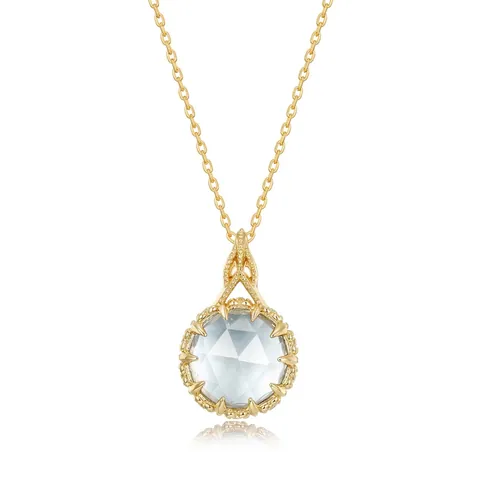 Vintage 925 Sterling Silver Gold Plated Sky Blue Topaz Pendant Necklace For Women Retro Crown Setting Geometric Jewelry Gift