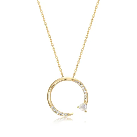 S925 Sterlingsilber Natürlicher Blauer Mondstein Mond Anhänger Halskette Für Damen Vergoldet Offener Kreis Strass Schmuck