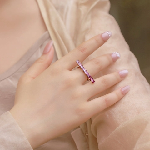925 Sterling Silver Gold Plated Gradient Pink Corundum Bar Ring Necklace Set Minimalist Baguette Cut Adjustable Jewelry
