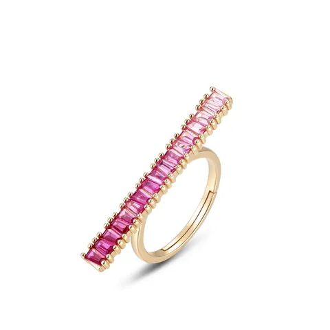 925 Sterling Silver Gold Plated Gradient Pink Corundum Bar Ring Necklace Set Minimalist Baguette Cut Adjustable Jewelry