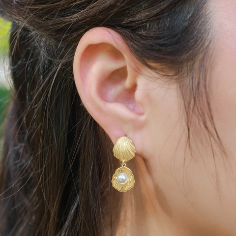 S925 Sterling Silver Gold Plated Shell Shape Drop Earrings With Artificial Pearl Hand Brushed Vintage Luxury Jewelry For Women