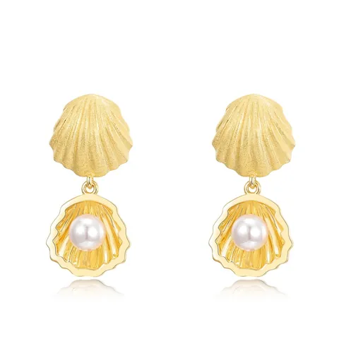 S925 Sterling Silver Gold Plated Shell Shape Drop Earrings With Artificial Pearl Hand Brushed Vintage Luxury Jewelry For Women
