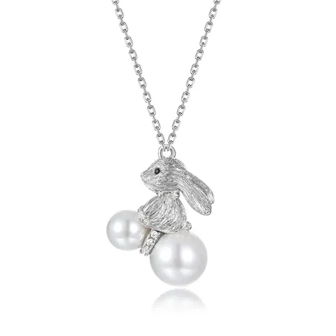Collier Pendentif Lapin en Argent Sterling 925 Avec Perle Artificielle Strass Brossé à la Main Chaîne de Clavicule Bijoux pour Femmes