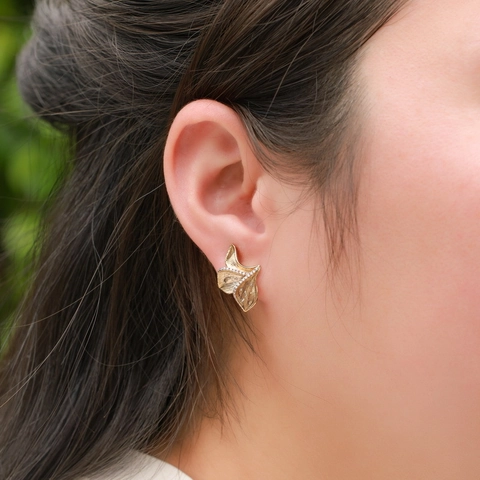 Vintage 925 Sterling Silver Leaf Stud Earrings Brushed Gold Plated Zirconia Botanical Earring For Women Jewelry Accessory