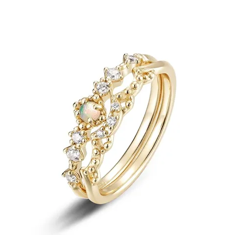 Vintage 925 Sterling Silver Crown Ring Set For Women Champagne Gold Plated Synthetic Opal Zirconia Stacking Band Ring Jewelry