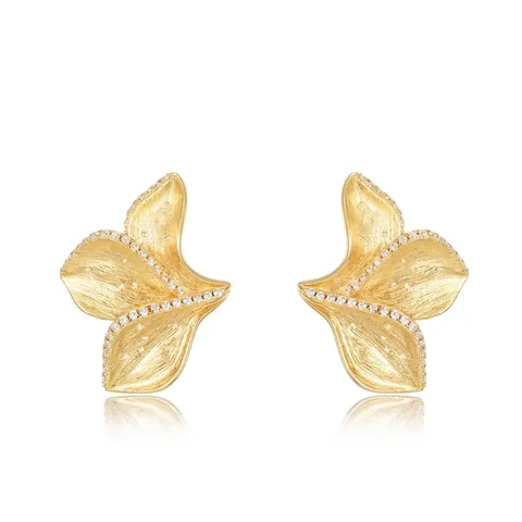 Vintage 925 Sterling Silver Leaf Stud Earrings Brushed Gold Plated Zirconia Botanical Earring For Women Jewelry Accessory