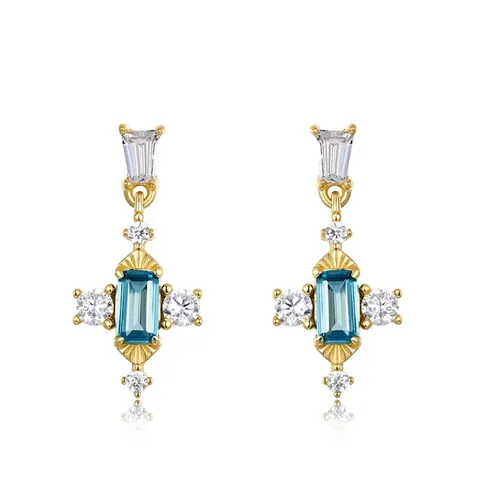 Vintage 925 Sterling Silver Gold Plated London Blue Topaz Stud Earrings With Rhinestone Elegant Jewelry For Women Gift