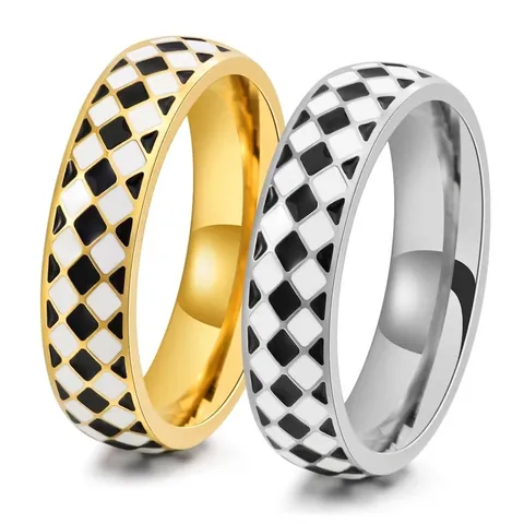Elegante Anello in Acciaio al Titanio con Motivo a Scacchiera Griglia Rombica Oro Argento Placcato Smalto Gioielli di Moda