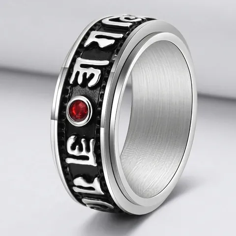 Men Retro Punk Titanium Steel Spinner Ring Red Rhinestone Inlaid Six-Word Mantra Religious Om Mani Padme Hum Finger Ring