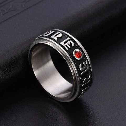 Men Retro Punk Titanium Steel Spinner Ring Red Rhinestone Inlaid Six-Word Mantra Religious Om Mani Padme Hum Finger Ring
