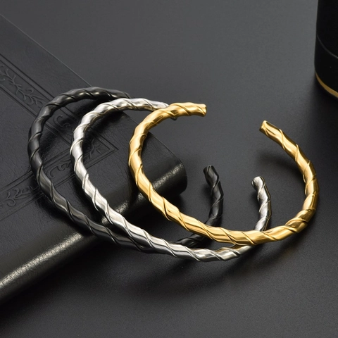 Minimalist Titanium Steel C-Shaped Open Twist Cable Bangle Bracelet For Men Women Unisex Fashion Wristband Jewelry