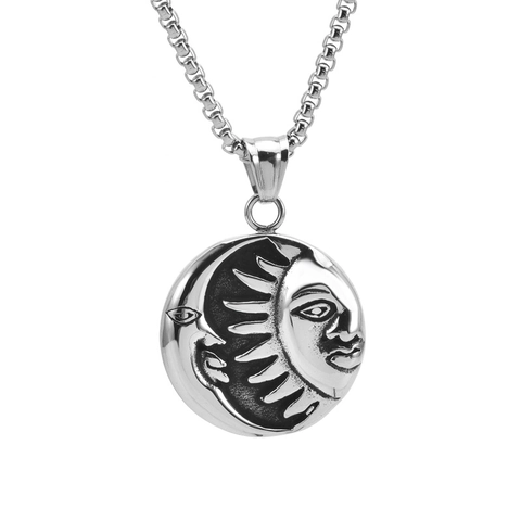 Collana con Ciondolo Sole E Luna Vintage in Acciaio al Titanio Tondo Rilievo Retro Punk Gioielli Catena Box Uomo Regalo